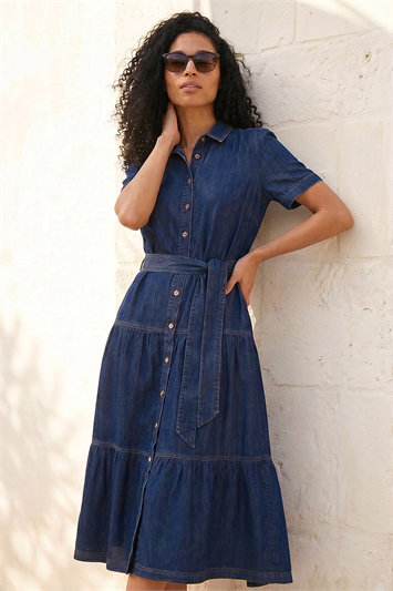 Blue Denim Tiered Cotton Midi Dress