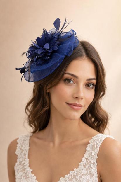 Blue Feather Bloom Fascinator In Navy