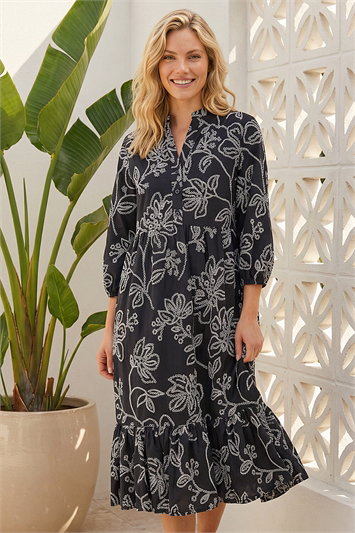 Black Floral Puff Print Buttoned Midi Dress
