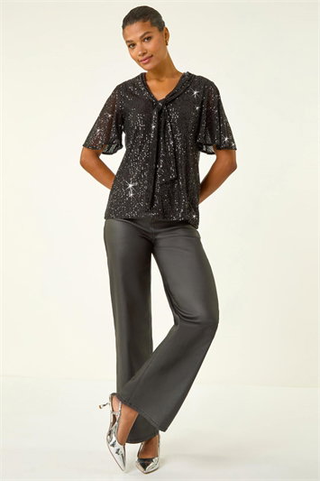 Sequin Tie Neck Stretch Top 19471608