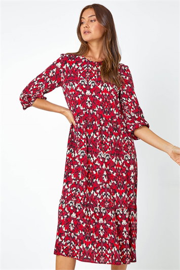 Abstract Print Tiered Smock Midi Dress 14454278
