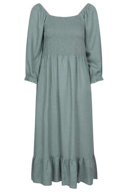 Green Cadiz Shirred Long Sleeved Midi Dress