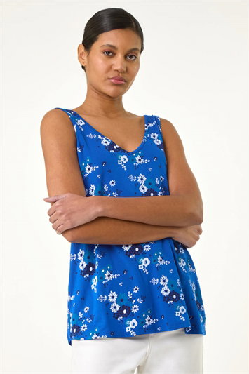 Blue Floral V-Neck Stretch Cami Top