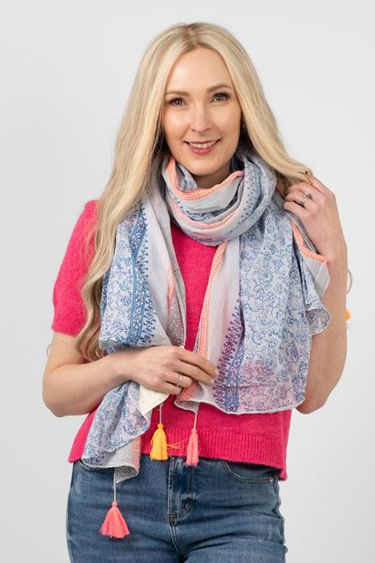 Blue Floral Tassel Cotton Lightweight Scarf