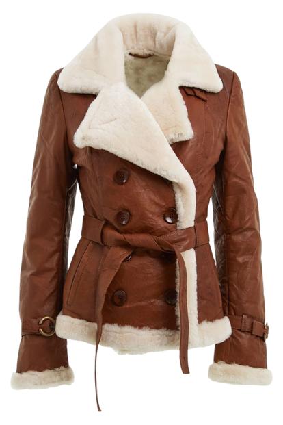 Brown Womens Sheepskin Aviator Jacket-Leshan