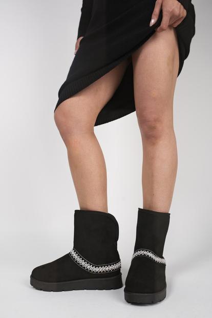 Black Karsie Suedette Embroidered Flat Ankle Boots