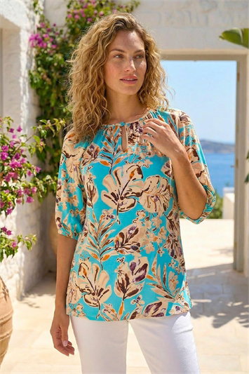 Blue Floral Printed Keyhole Front Stretch Top