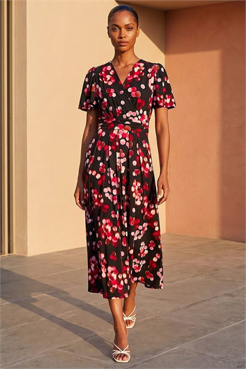 Red Spot Print Wrap Midi Dress