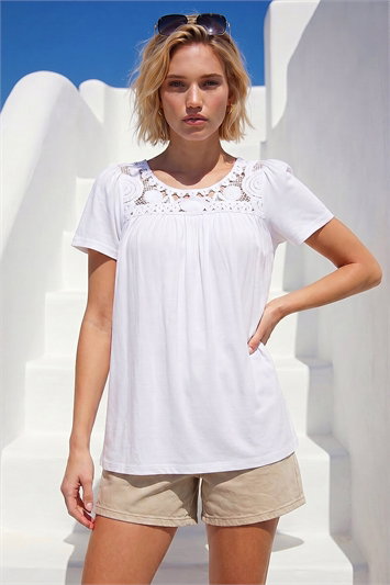 White Crochet Panel Stretch Top