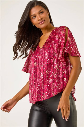 Red Metallic Angel Sleeve V-Neck Top