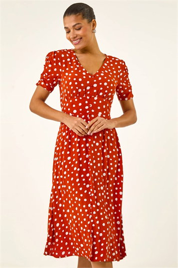 Polka Dot Ruched Sleeve Midi Dress 14342026