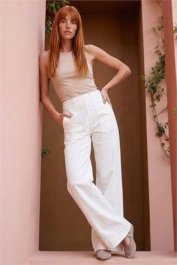 White Cotton Stretch Wide Leg Jean