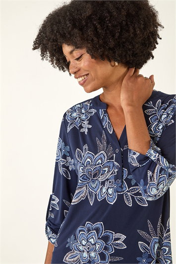 Blue Floral Puff Print Stretch Shirt