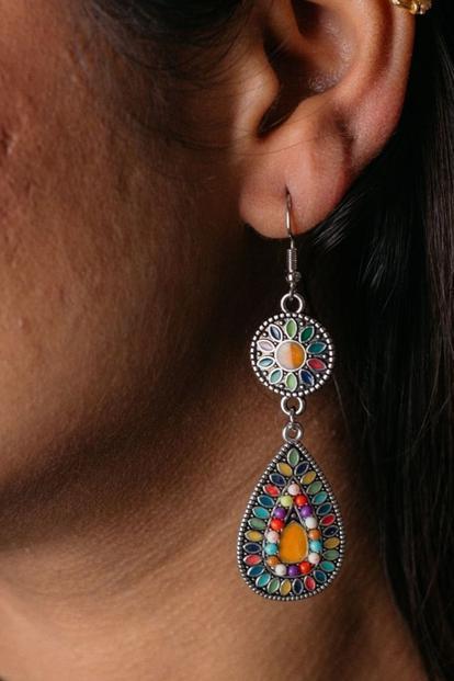 Blue Long Mandala Water Drop Turquoise Floral Enamel Ethnic Danglers