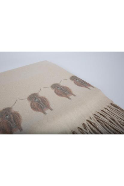 Cream Cashmere Feel Luxury Scarf Handprinted With Highland Cows - Beige