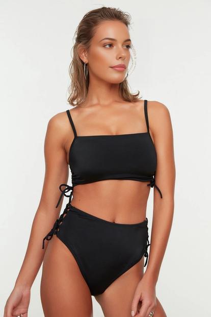 Black Lace Up Side High Waist Bikini Bottom With Adjustable Tie Detail