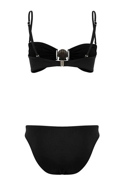 Black Shell Detail Bandeau Bikini Set With Adjustable Straps