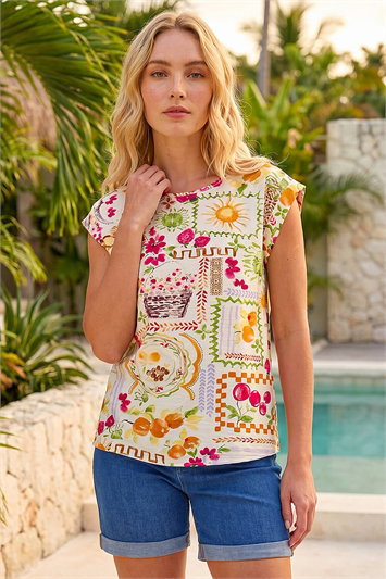 Orange Fruit Print Shell Top