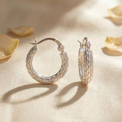 Metallic Sterling Silver Basket Weave Hinged Hoops