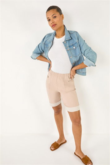 White Bengaline Turn Up Stripe Stretch Shorts