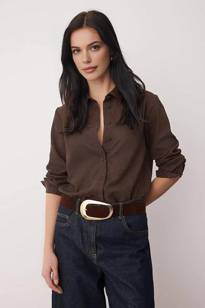 Brown Gold Oval Buckle Faux Leather Wide Waist Belt