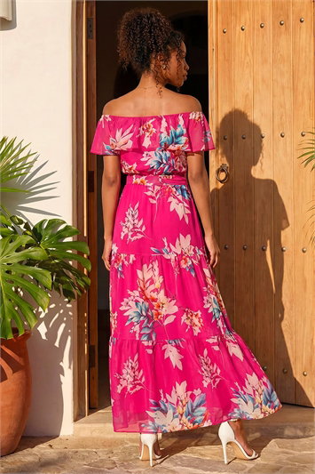 Floral Print Bardot Belted Maxi Dress 14707472
