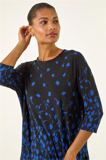 Blue Border Print Curved Stretch Top