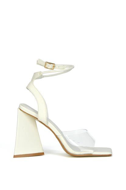 White 'Dahlia' Lace Up Ankle Strappy Perspex Square Toe Chunky Block High Heels