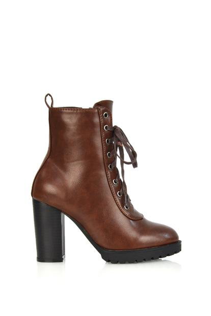 Brown 'Ariel' Lace Up High Block Heel Zip-Up Biker Ankle Boots