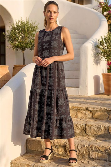 Black Floral Motif Tiered Midi Dress