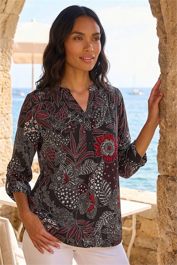 Red Floral Puff Print Gathered Shirt