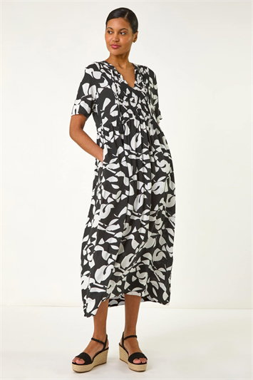Black Abstract Print Tie Front Midi Dress