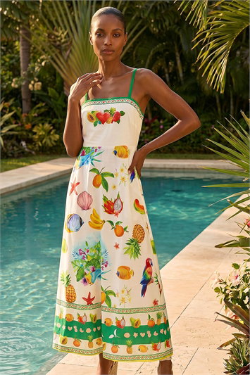White Fruit Print Strappy Midi Dress