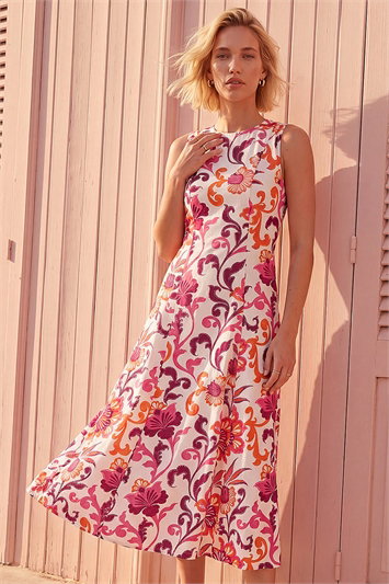 Pink Floral Pleated A-Line Midi Dress