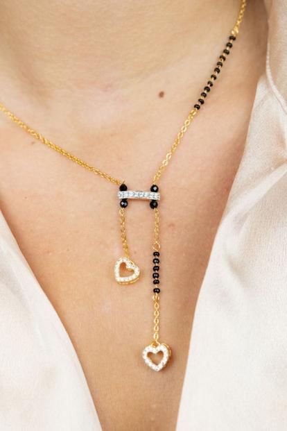Metallic Black Beaded Zircon Heart Shape 18Ct Gold Plated Asian Mangalsutra Pendant Necklace