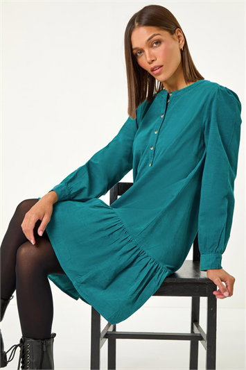 Blue Corduroy Button Detail A-Line Dress