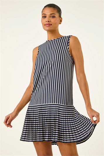 Blue Stripe Print Pleated A-Line Dress