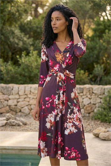 Red Floral Crossover Stretch Midi Dress