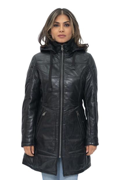 Black Womens Leather Quilted Parka Coat -Allen