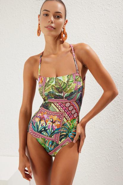 Multi Tropical Print Halterneck Fitted Swimsuit With Square Neck