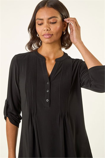 Black Pintuck Button Stretch Top