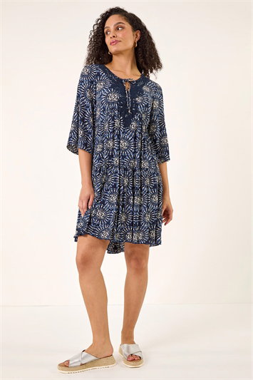 Blue Geo Lace Detail Smock Dress