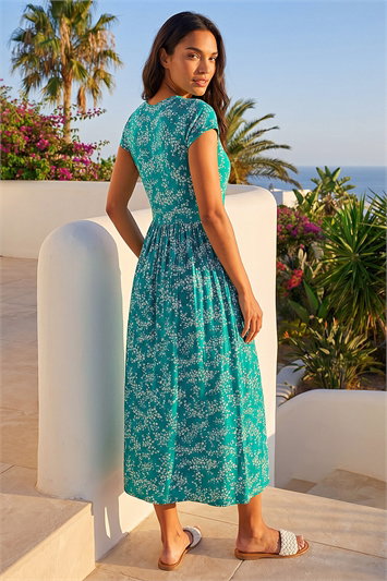 Ditsy Gathered Skirt Stretch Midi Dress 14361334