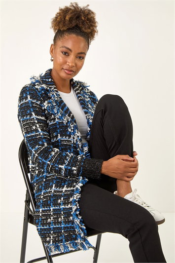 Blue Check Fringe Knit Cardigan