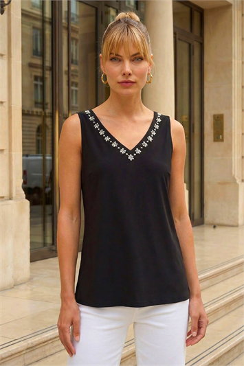 Black Embellished V-Neck Stretch Vest Top