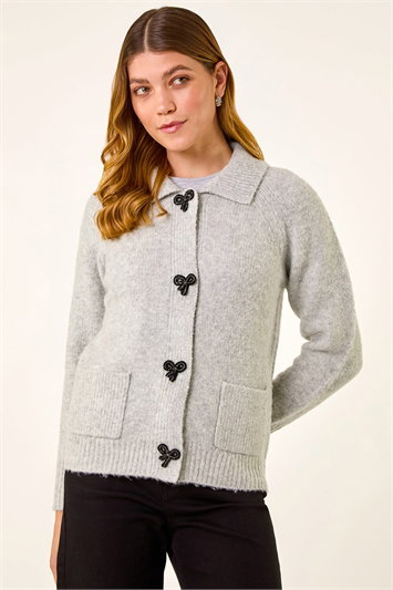 Grey Bow Buttoned Collared Cardigan