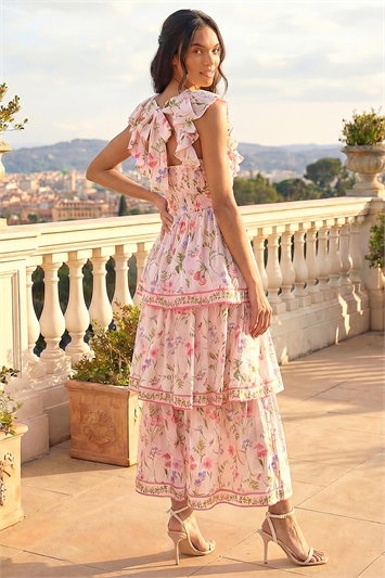 Floral Border Print Frill Maxi Dress 14891546