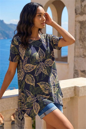 Blue Leaf Print Hanky Hem Tunic Top