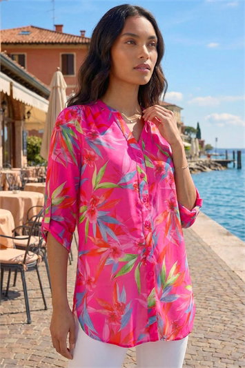 Pink Floral Print Longline Blouse