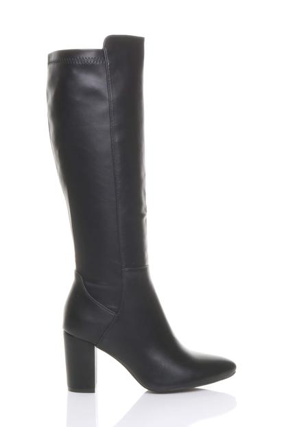 Black High Block Heel Stretchy Calf Boots